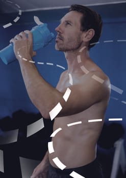 Digital composite of Athletic fit man rehydration water in gym with curved interface