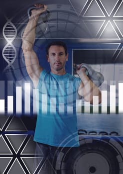 Digital composite of Athletic fit man in gym with health interface