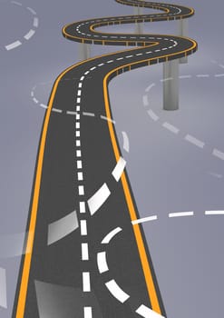 Digital composite of 3D swervy bendy road with curved lines