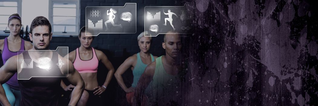 Digital composite of Athletic fit group of people in gym with health interface