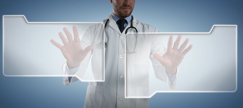 Male doctor using invisible screen against abstract blue background
