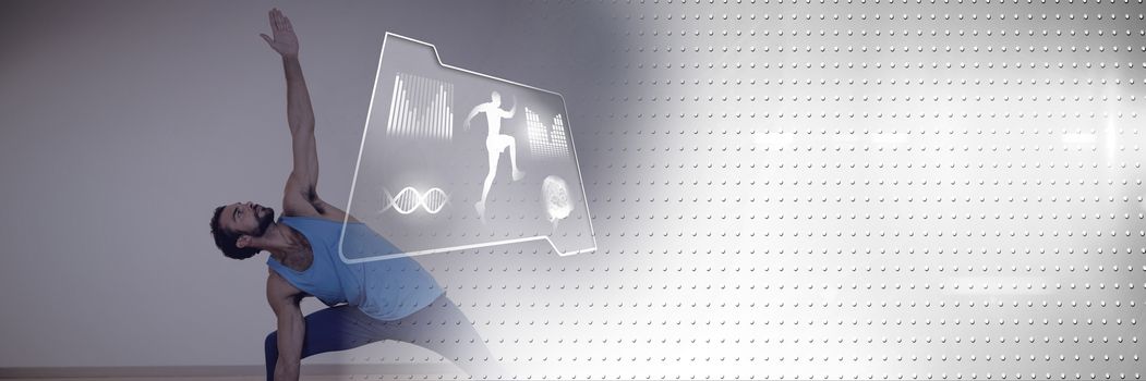 Digital composite of Athletic fit man exercising yoga with health interface