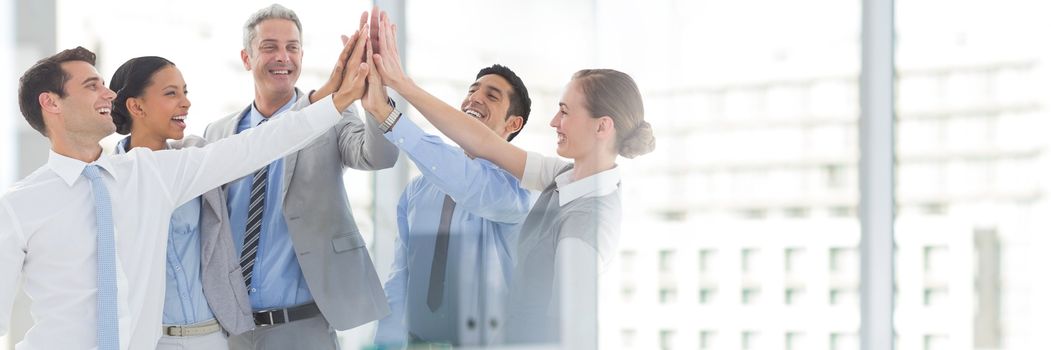 Digital composite of Teamwork transition with business people joining hands