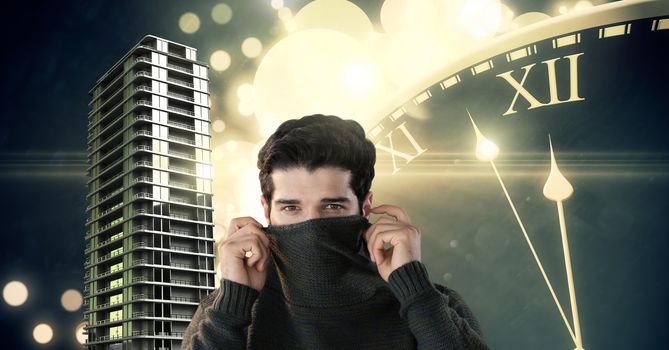 Digital composite of Romantic man in jumper and Tall building with clock