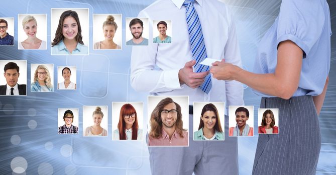 Digital composite of Business people sharing contact card with portrait profiles of different people