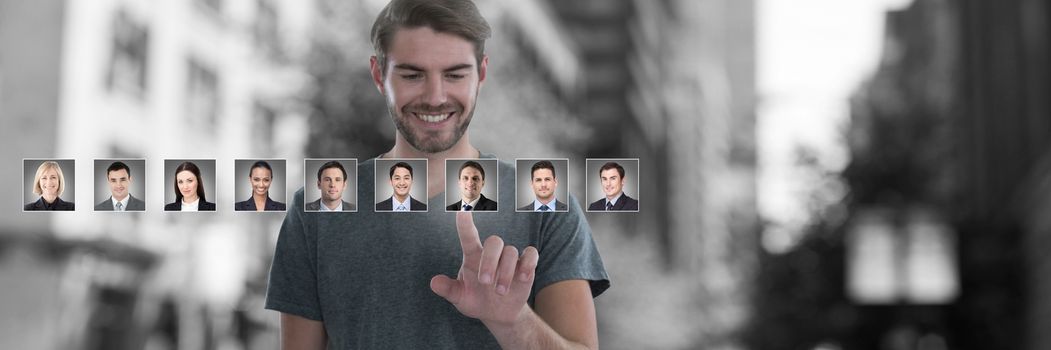 Digital composite of Man touching portrait profiles of different people