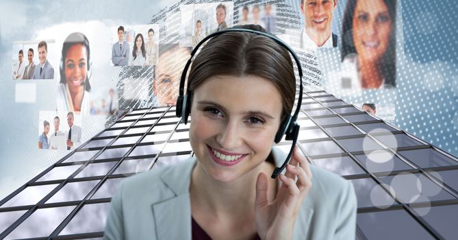 Digital composite of Customer service woman with Tall building with people icons
