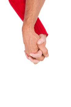 Close up of holding hands over white background