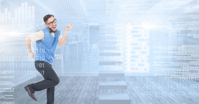 Digital composite of Geek man dancing with digital technology interface