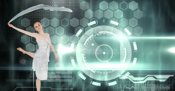 Digital composite of Dancer waving scarf with digital technology interface