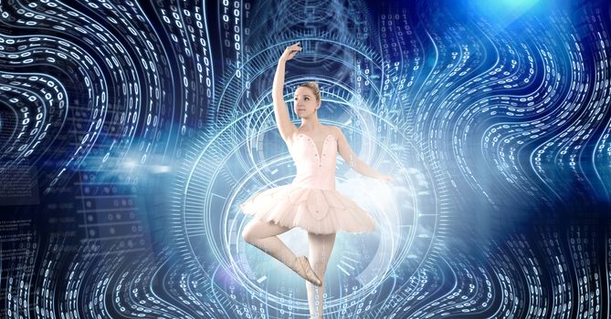 Digital composite of Ballet dancer dancing with digital technology interface