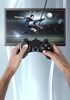 Digital composite of Hands holding gaming controller  with soccer player on television