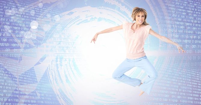 Digital composite of Woman dancing with digital numbers technology interface