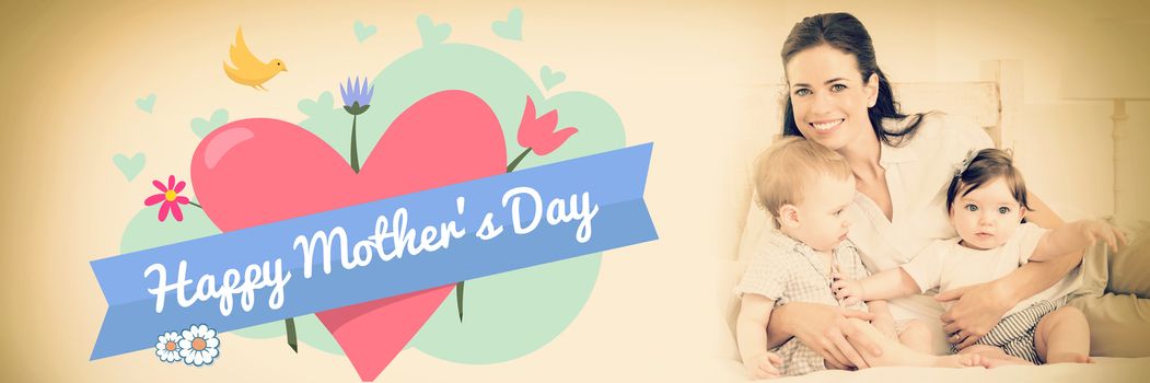 mothers day greeting against cheerful mother with cute babies