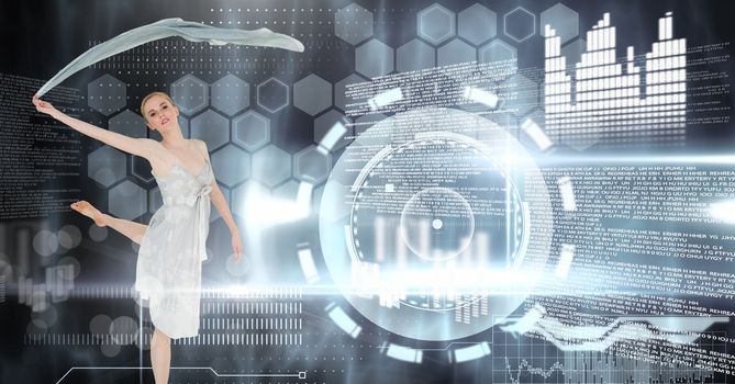 Digital composite of Dancer waving scarf with digital technology interface