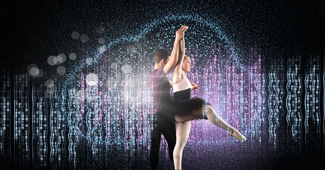 Digital composite of Glamorous Couple dancing with digital technology interface and glowing sparkling light