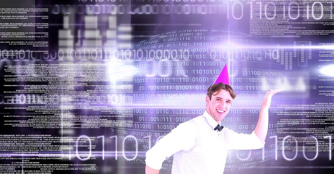 Digital composite of Party man dancing with digital numbers technology interface