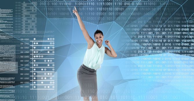 Digital composite of Businesswoman dancing with digital numbers technology interface