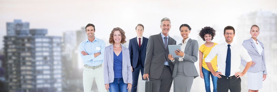 Digital composite of Business people and City buildings with flare light source