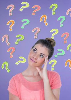 Digital composite of Woman thinking with colorful funky question marks