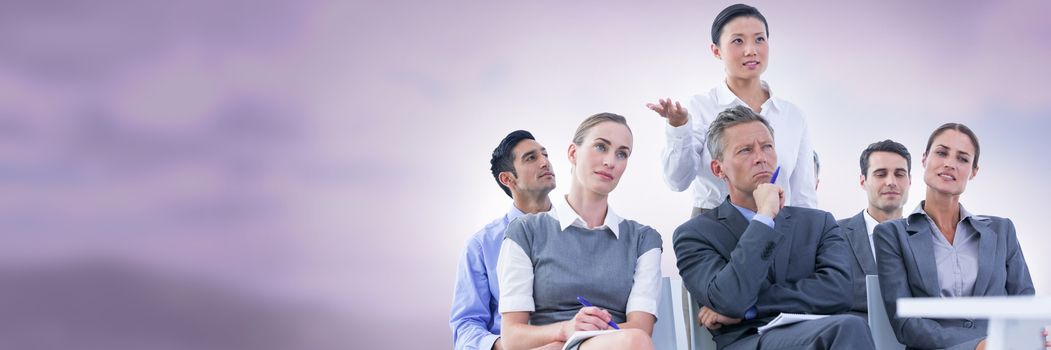 Digital composite of Business people and sky landscape with flare light source