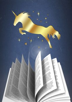 Digital composite of Golden unicorn jumping over page turning magic book