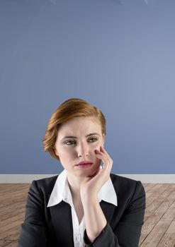 Digital composite of Woman thinking in front of wall