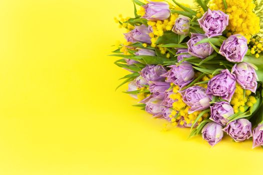 Bouquet of lilac tulips and yellow mimosas on yellow background, copy space, side view, closeup. March 8, February 14, birthday, Valentine's, Mother's, Women's day celebration, spring concept.