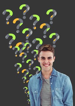 Digital composite of Man thinking with minimal design question marks
