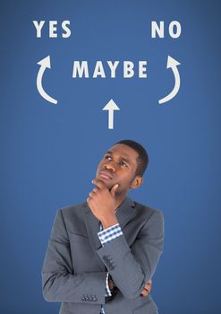 Digital composite of Woman thinking Yes No Maybe text with arrows graphic on blue background