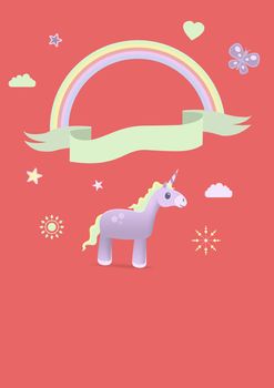 Digital composite of Unicorn illustration and rainbow banner