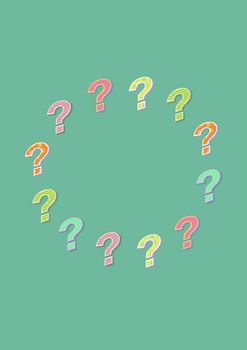 Digital composite of colorful funky question marks