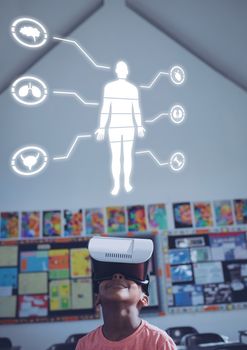 Digital composite of Human Body Chart education and boy with virtual reality headset