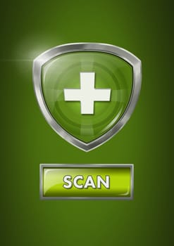 Digital composite of Health security protection shield with green scan button