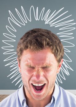 Digital composite of Man shouting in rage and frustration with circle doodle in room