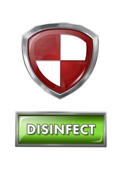 Digital composite of Antivirus security protection shield with disinfect button