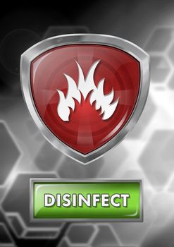 Digital composite of Firewall security protection shield and disinfect button
