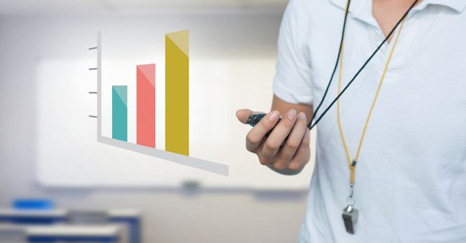 Digital composite of Statistic bar charts and fitness education trainer in cassroom