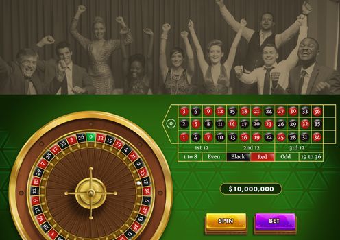Digital composite of ROulette game and people celebrating