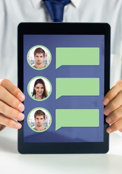 Digital composite of Holding tablet with chat bubble messaging profile