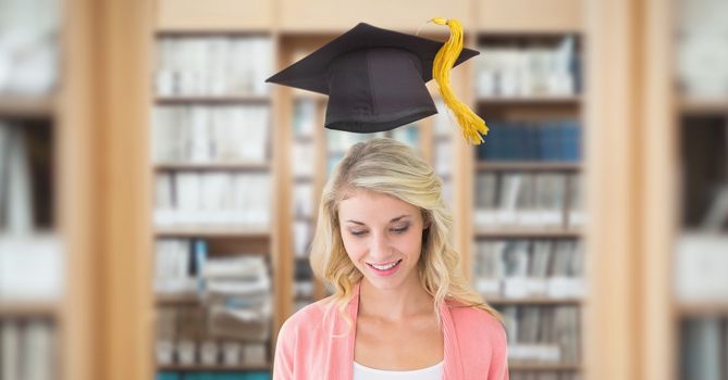 Digital composite of Student woman in education library with graduation hat