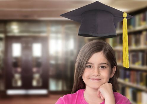 Digital composite of School girl in education library with graduation hat