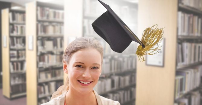 Digital composite of Student woman in education library with graduation hat