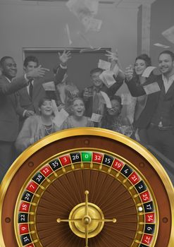 Digital composite of Roulette wheel with group of people celebrating