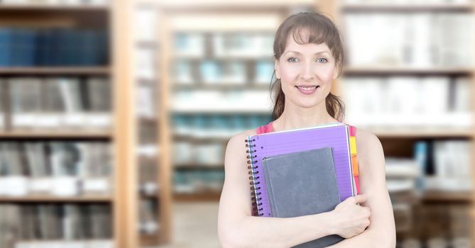 Digital composite of Student mature woman in education library
