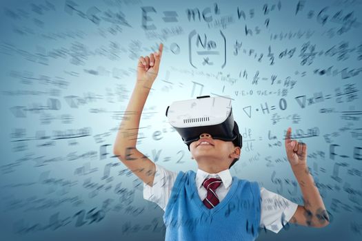 Schoolboy wearing virtual reality headset enjoying against abstract green background,