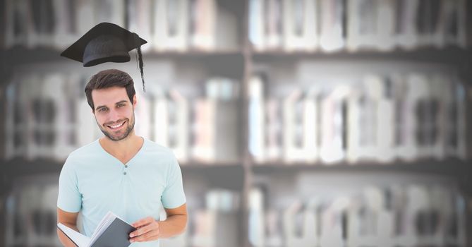 Digital composite of Student man in education library with graduation hat