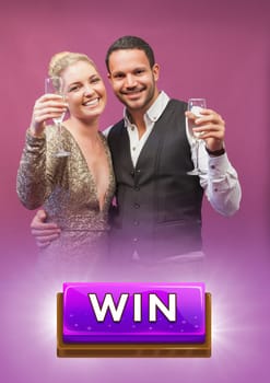 Digital composite of Win button with happy couple holding champagne glasses