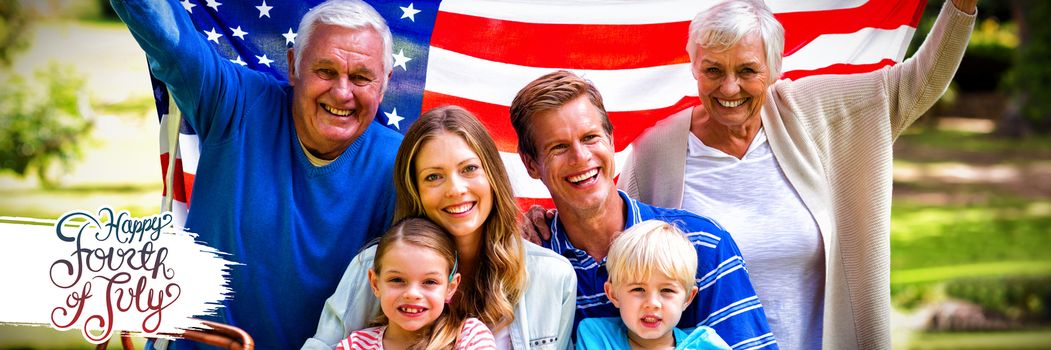 Independence day graphic against multi-generation family holding american flag in the park