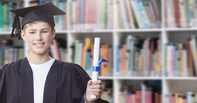 Digital composite of Student boy graduating in education library